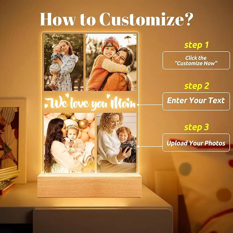 Personalized Mothers Day Gifts for Mom/Dad/Baby/Family Birthday Custom LOVE Picture Frame With Photos Night Light Acrylic Plaque