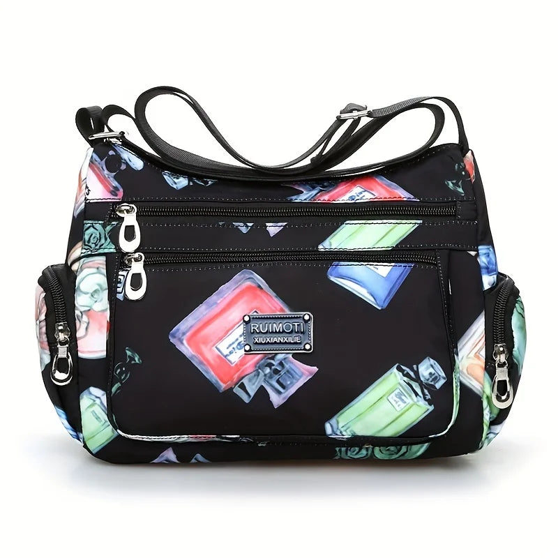 Floral Print Crossbody Bag, Trendy Nylon Shoulder Bag, Women's Multi Layer Messenger Bag For Travel