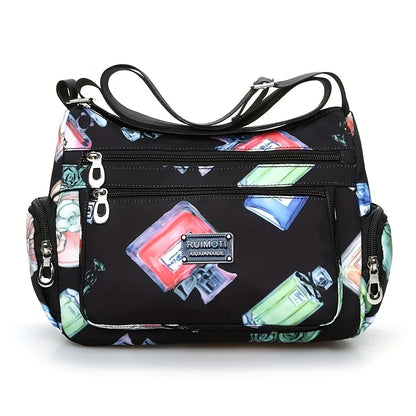Floral Print Crossbody Bag, Trendy Nylon Shoulder Bag, Women's Multi Layer Messenger Bag For Travel