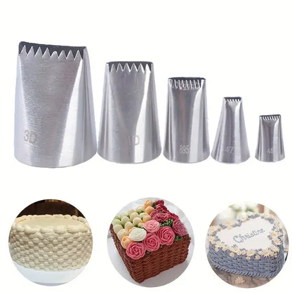 5PCS Stainless Steel Cake Piping Nozzle Set-Serrated&Flat Edge Tips Cake Icing Decorating Supplies DIY Cake Making Cream Cupcake