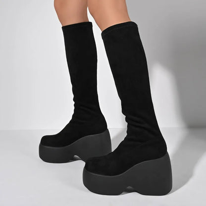 Women's Winter Thick-Heeled Cotton Shoes with Round Head Design, Suede Material, Thick and Soft Soles, Anti-Slip, Wear-Resistant, and High Boot Style.