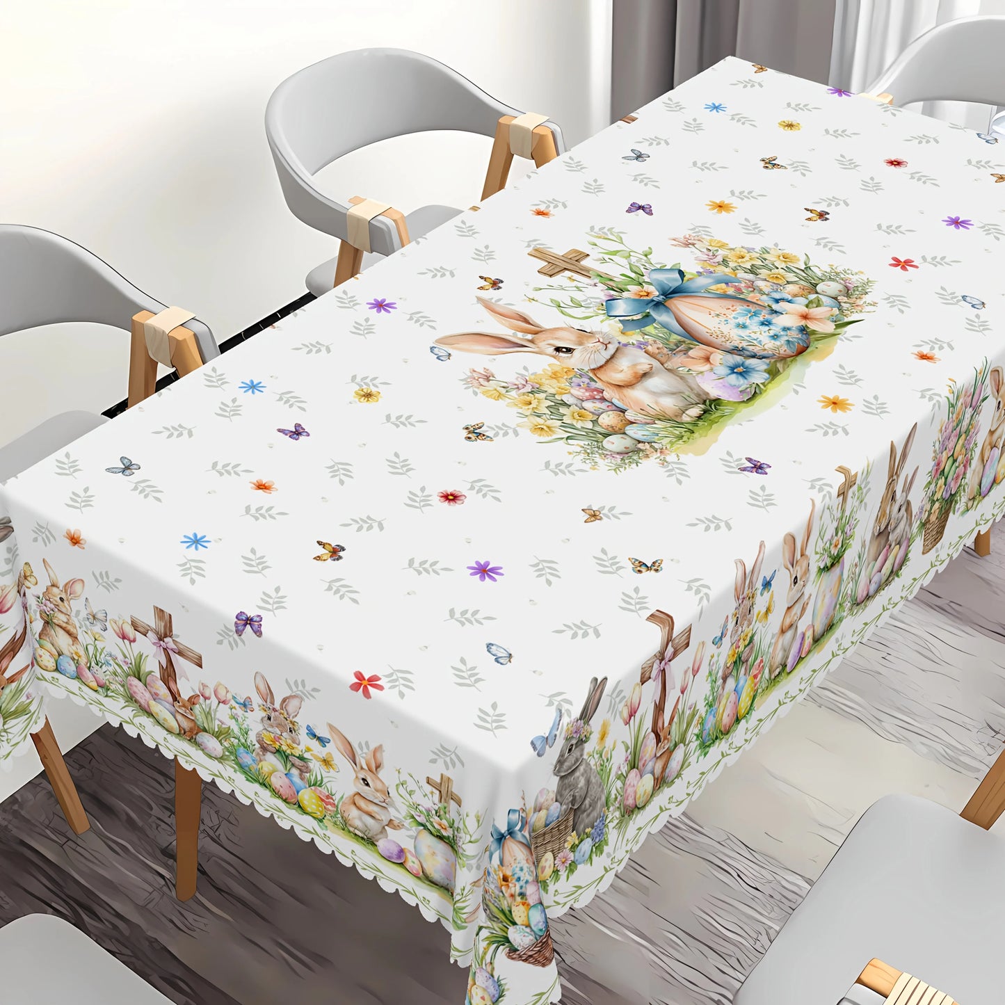 Easter Bunny Egg Floral Rectangle Waterproof Tablecloth Holiday Party Decor Reusable Kitchen Dining Tablecloth Easter Decoration