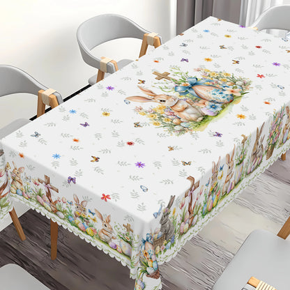 Easter Bunny Egg Floral Rectangle Waterproof Tablecloth Holiday Party Decor Reusable Kitchen Dining Tablecloth Easter Decoration