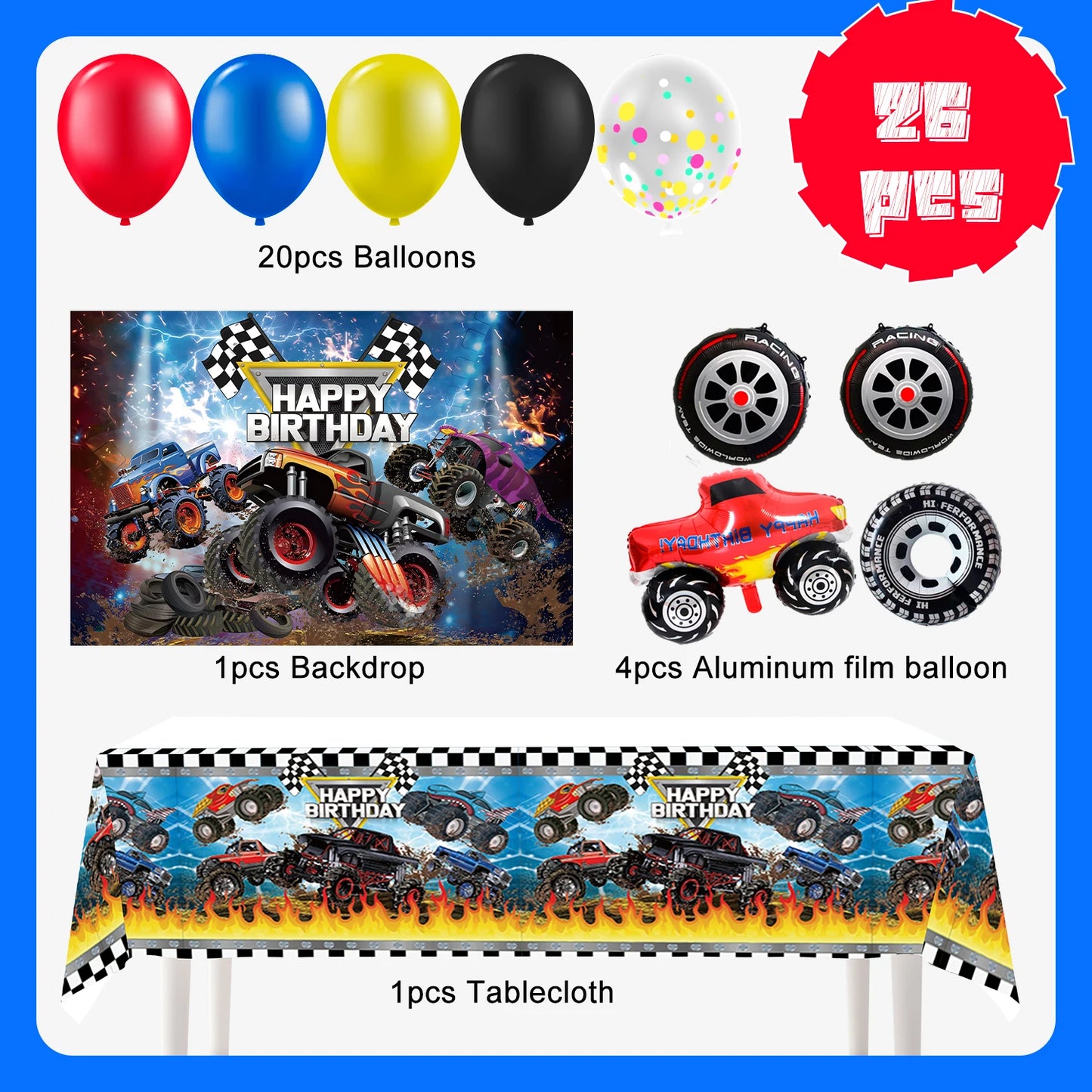 26‑Piece Racing Car Party Decorations Set – Balloons, Tablecloth & Backdrop