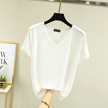Summer women Modal V-Neck Tshirt Thin Bottoming T-shirts Plus size Loose tee tops Streetwear Basic Top