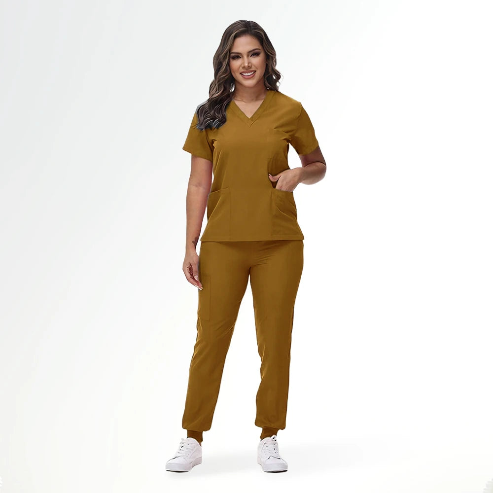 Stretchy Nurse Uniforms V-neck Top Jogger Pants Scrub Sets Surgical Workwear Dentist Nursing Suit Hospital Doctor Outfit S21
