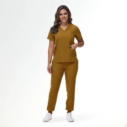 Stretchy Nurse Uniforms V-neck Top Jogger Pants Scrub Sets Surgical Workwear Dentist Nursing Suit Hospital Doctor Outfit S21