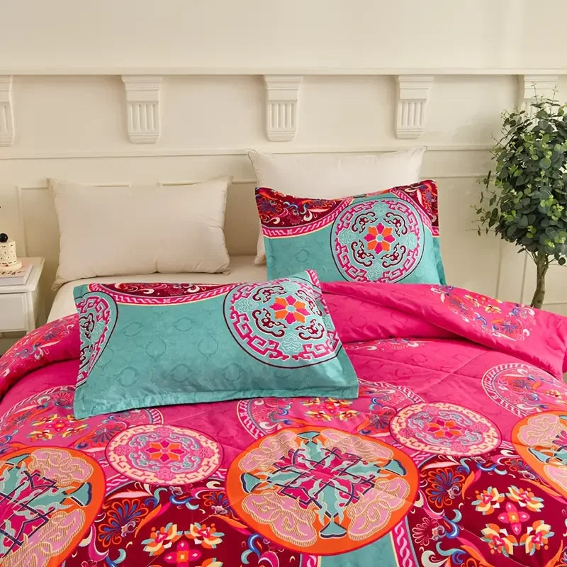 Boho Chic 3-Piece Comforter Set: Soft Luxury Bedding for All Seasons, Breathable Fluffy Floral Fantasy Bed Sets