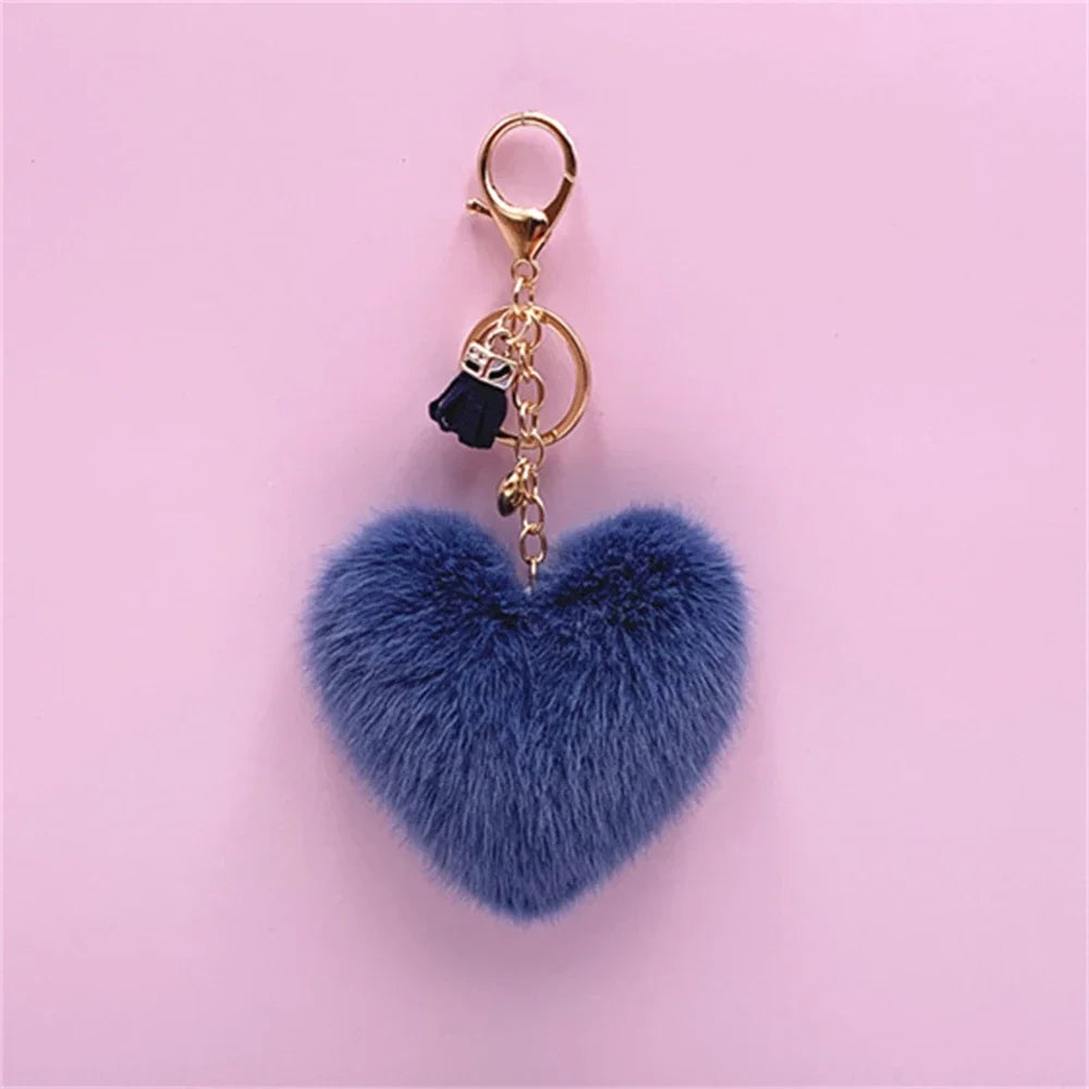 Rainbow Heart Pompom Keychain – Colorful Plush Ball Tassel Bag Charm for Women