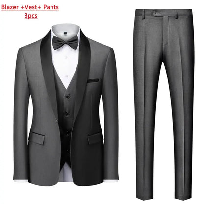 Men's Solid Color Suit Jacket Blazer Waistcoat Vest Pants Set M-6XL