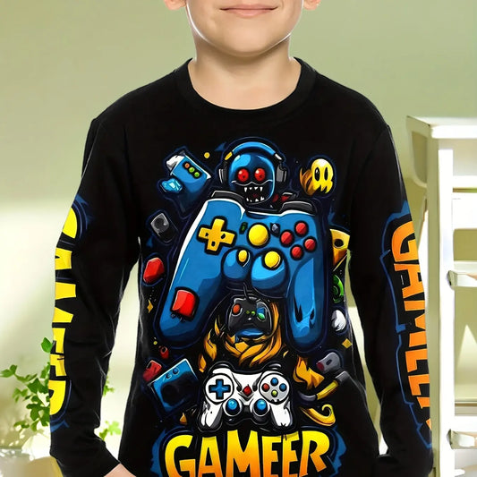 Children's Clothing Boys Tshirt Long Sleeve Cool Gamepad Pattern Print Kids Spring Fall Clothes Novelty Boy Clothes O-Neck Tops