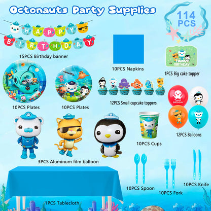 114‑Pcs Octonauts Party Kit – Plates, Napkins, Tablecloth, Balloons & More