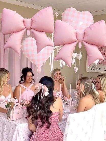4pcs Pink Bow and Plaid Heart Balloon Set for Birthday , Bridal Gifts, Weddings, Engagements, Anniversaries Decoration