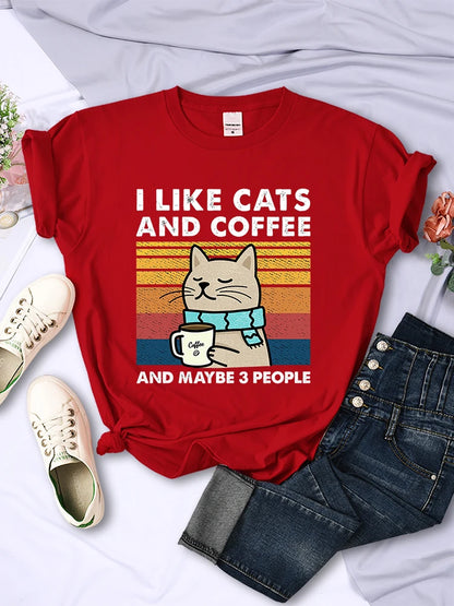 Women's I Like Cats And Coffee Printed T Shirt   Casual Short Sleeve Breathable