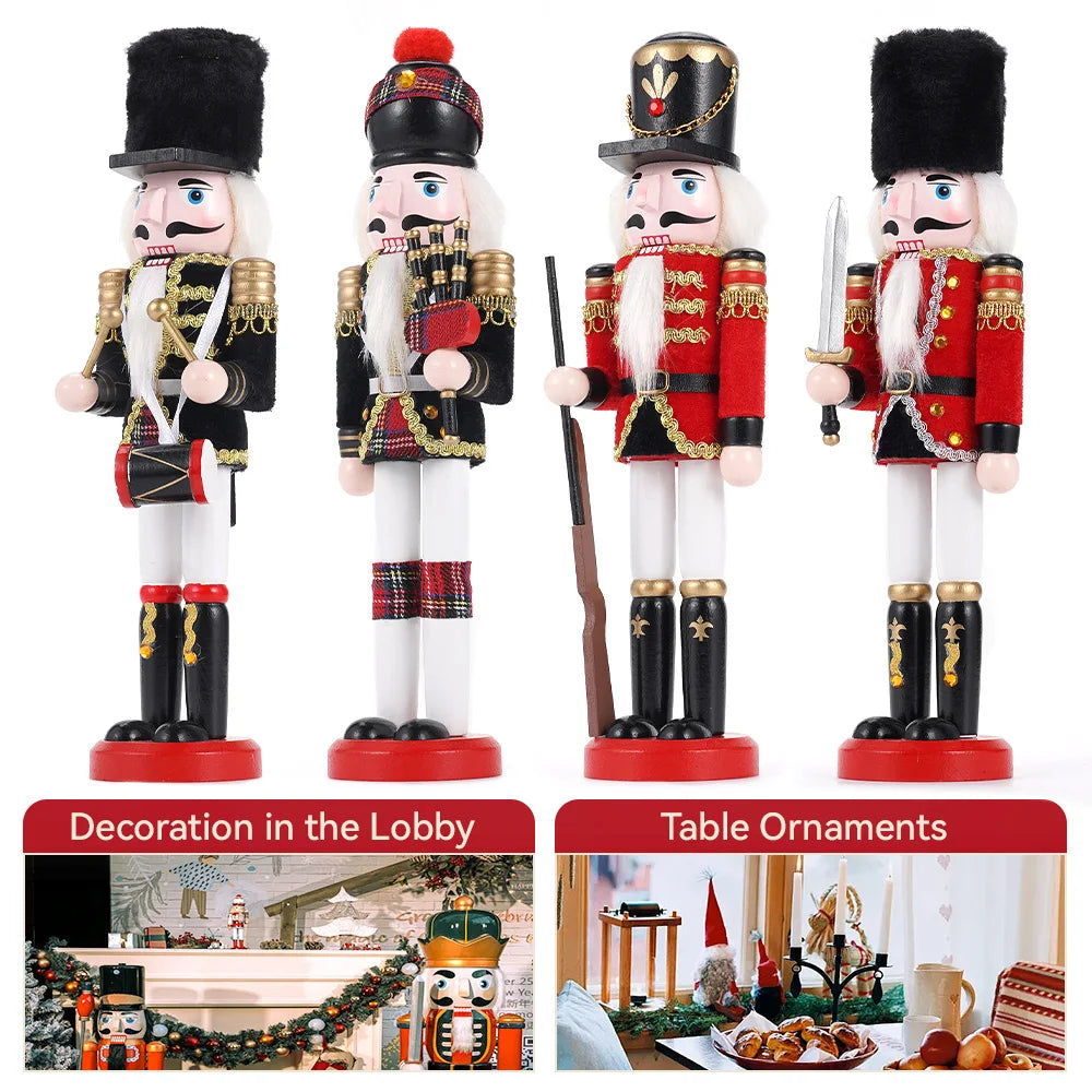 Four nutcracker figurines with different outfits, displayed with text indicating use in a lobby and on a table.