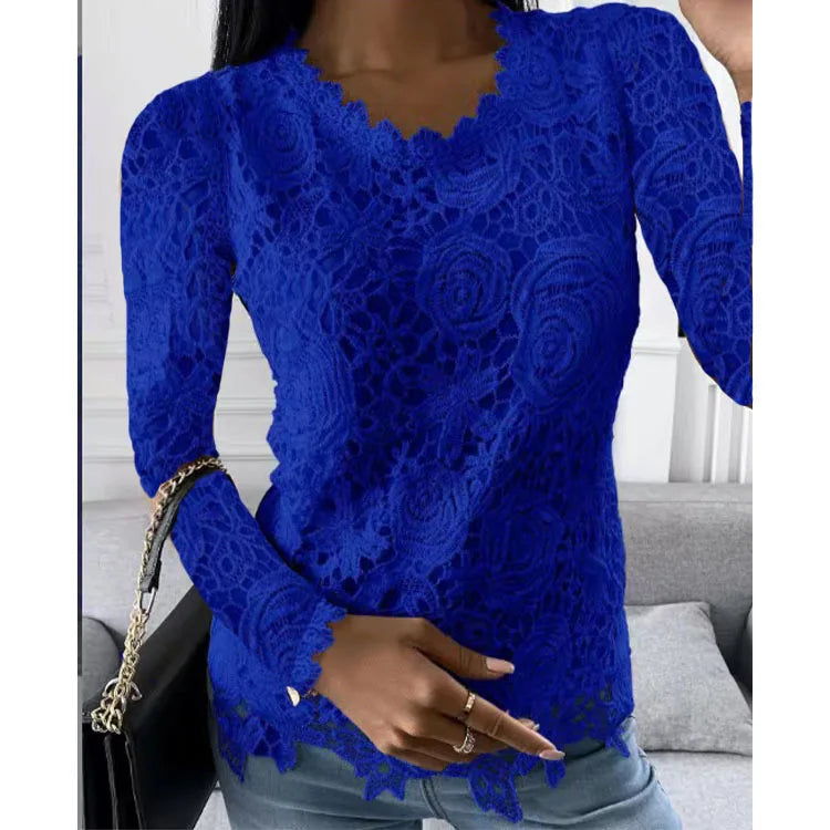 Women Lace Hollow T Shirt Top Fashion Round Neck Long Sleeve Office Lady Blouses Casual Vintage High Street Boho Tops All Season