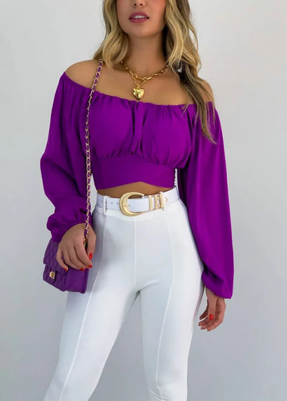 Women's Sexy Off-Shoulder Puff Sleeves Lace-up Tops Navel-Baring Shirts One-Colored Elegant Ladies Bright Color T-Shirt Tops