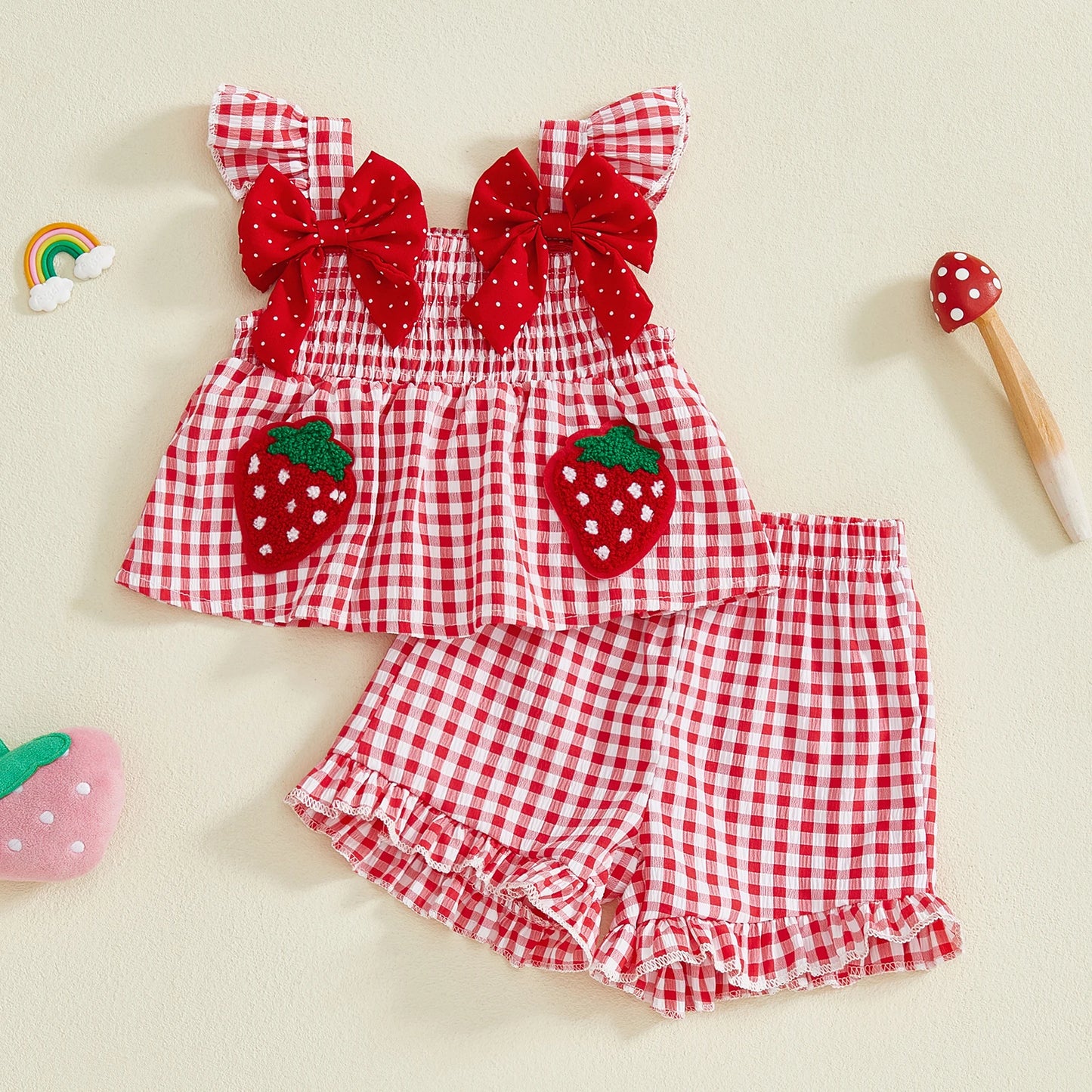 Toddler Baby Girl Summer Clothes Strawberry Outfit Sleeveless Ruffle Tank Top and Red Gingham Plaid Shorts Set 2Pcs