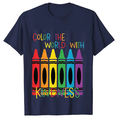 Color The World with Kindness T Shirt for Women Clothing Back To School Tops Teachers' Day Gift Harajuku Short Sleeve Tees
