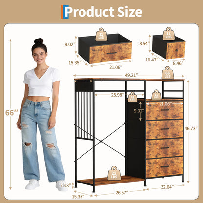 150cm Chest of Drawers, Reversible 6 Fabric Drawers Hanging Rack Dresser Closet w/LED Lights & Charging Station for Kids Bedroom