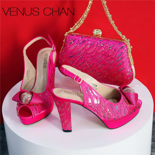 Summer New Coming Fuchsia Color Thin Heels Comtable Design Ladies Shoes Matching Bag Set For Dress Party