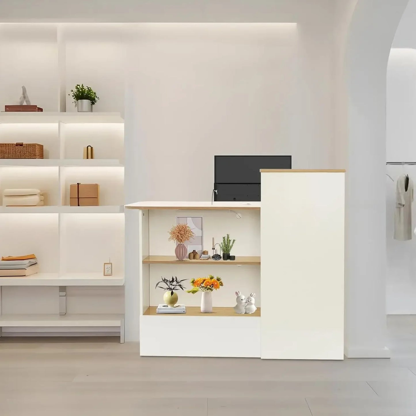 L Shaped Reception Desk With LED Lights Cable Grommet Lockable Drawers Modern Front Table For Lobby Salon Office Retail Checkout