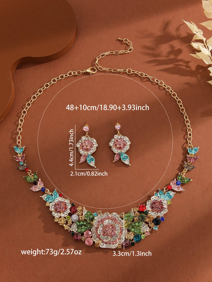 Mother’s Day Jewelry Gift:Luxury 3Pcs Rhinestone Flower Set for Women,Elegant Necklace&Dangle Earrings for Party Wedding Banquet