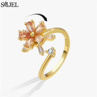 Korean Fashion Daisy Spinner Fidget Ring Multiple Style Sunflower Rose Snowflake Rotate Freely Anti Stress Anxiety Rings Wedding