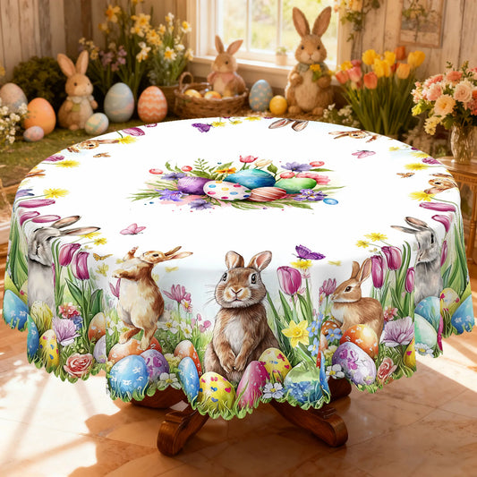 1 Piece of Easter Round and Rectangular Tablecloth, Available in 5 Sizes, Featuring Cute Bunnies and Colorful Butterflies Paired with Watercolor Eggs, Floral Tablecloth with Painted Egg Decorations, Embossed Edges, Easter Tab