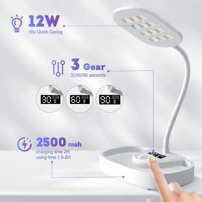 LED Nail Lamp 12W Rechargeable Portable Gooseneck Lamp Quicky Dry U V Gel Nail Light For Professional Nail Salon Home DIY