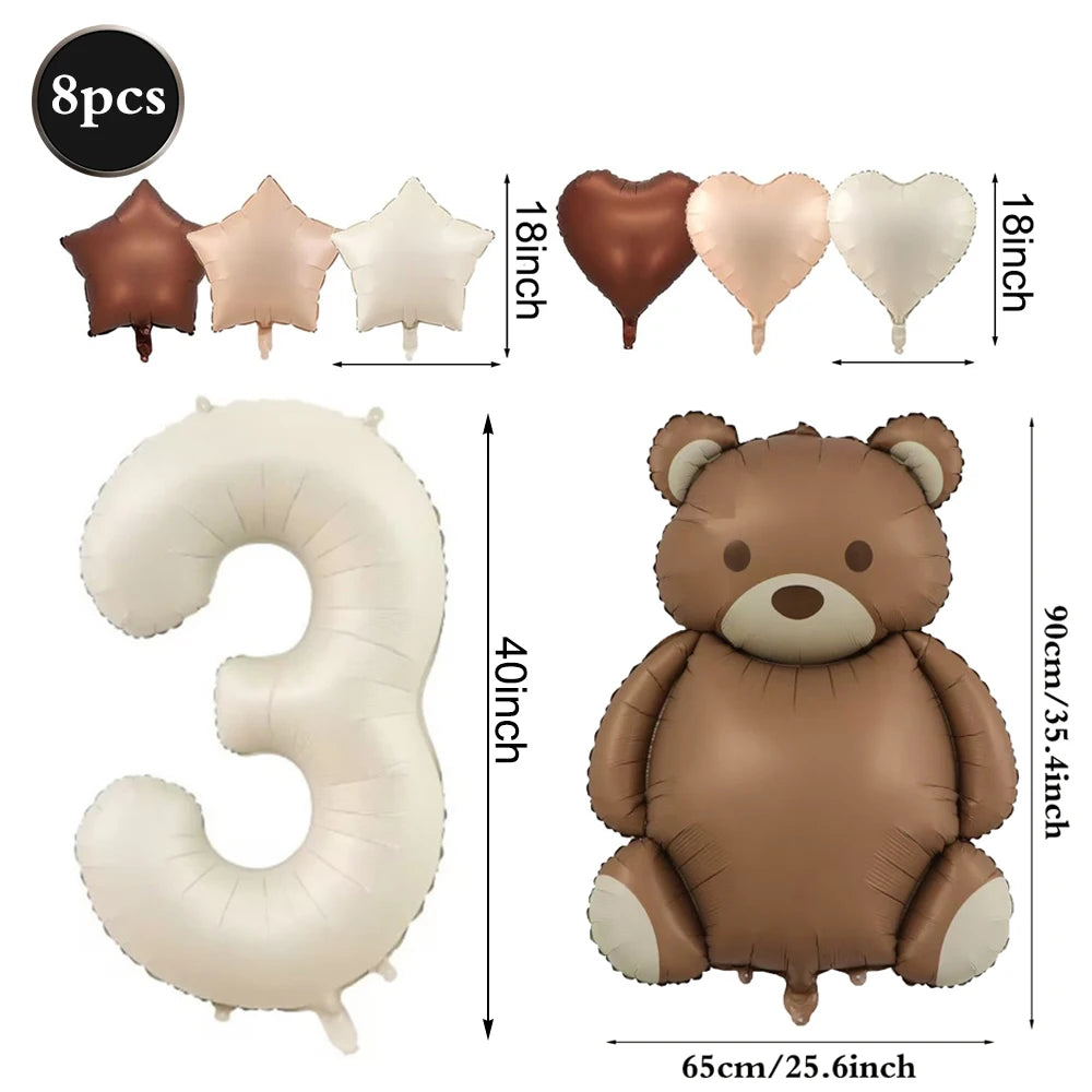 Cute Teddy Bear Party Birthday Number Balloons Large Retro Brown Bear Foil Balloon Set 8 pcs Baby Shower Birthday Party Decor