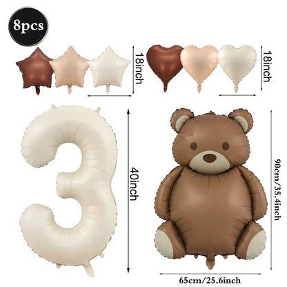 Cute Teddy Bear Party Birthday Number Balloons Large Retro Brown Bear Foil Balloon Set 8 pcs Baby Shower Birthday Party Decor