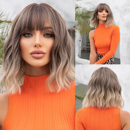 Women Grey Wavy Bob Wigs with Bangs Short Blonde Ombre Synthetic Wig with Dark Roots Natural Hair for Daily Use