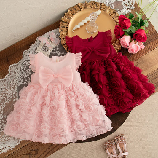 New Summer Girls Dress Short Sleeve Bow Small Flying Sleeve Rose Solid Color Sweet Princess Dress Rose Pommel Dress