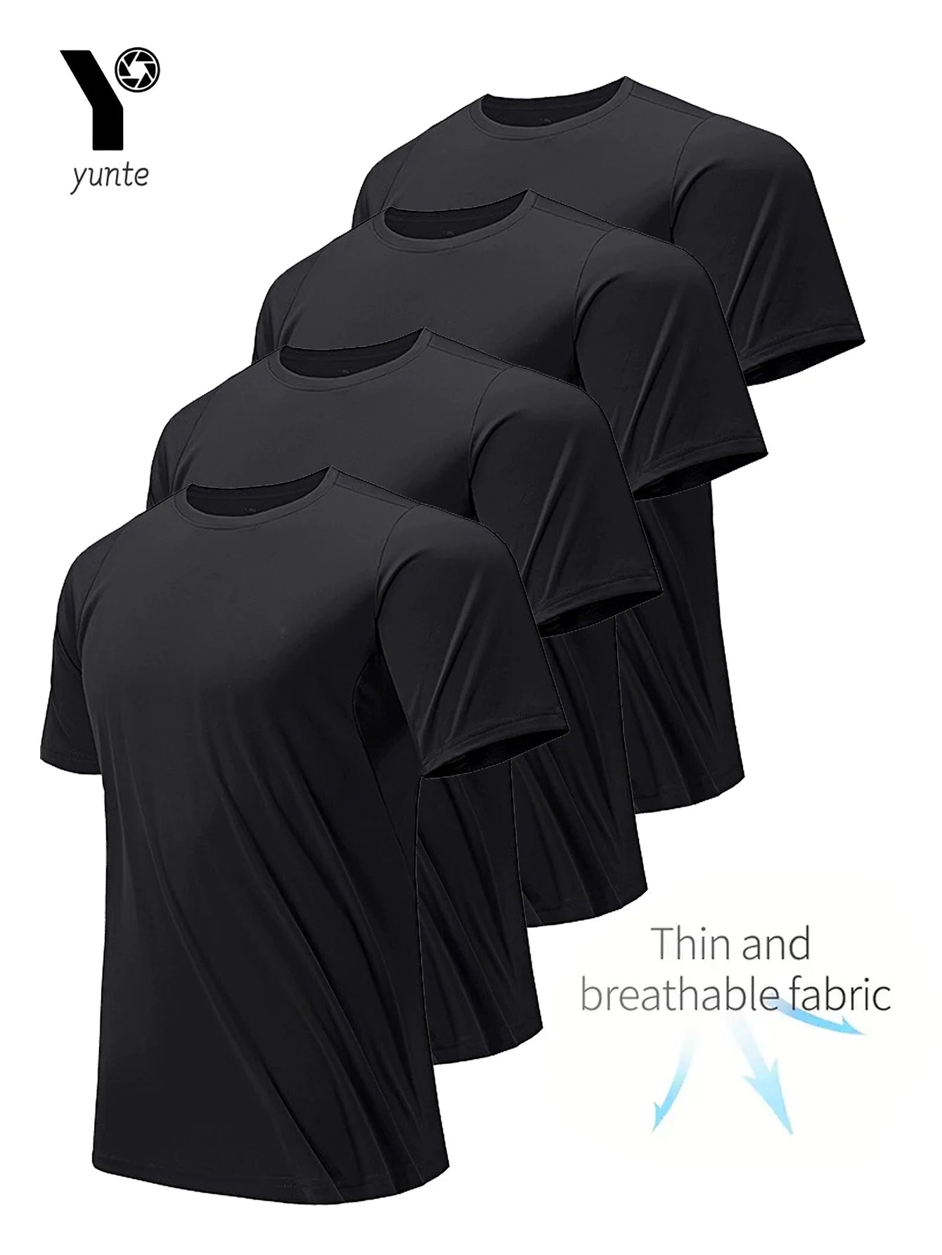 Men's Round Neck T-Shirt 4-Pack Black Ultra-Light Quick Drying Breathable Sweat-Absorbent Shirt Suitable for Fitness Gym and Run