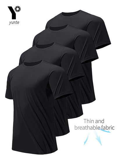 Men's Round Neck T-Shirt 4-Pack Black Ultra-Light Quick Drying Breathable Sweat-Absorbent Shirt Suitable for Fitness Gym and Run