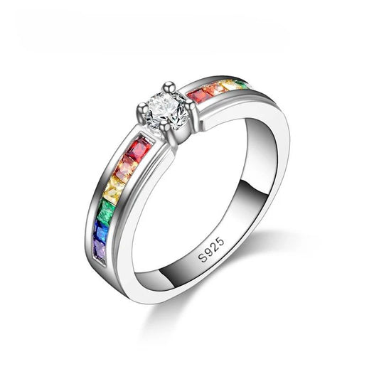 100% 925 Sterling Silver Color Rainbow Cubic Zircon Rings For Women Wedding Lovely Engagement Proposal Ring Accessory