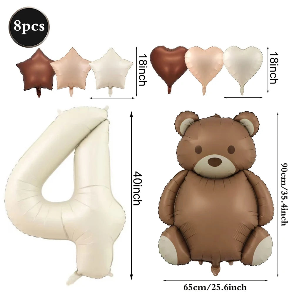 Cute Teddy Bear Party Birthday Number Balloons Large Retro Brown Bear Foil Balloon Set 8 pcs Baby Shower Birthday Party Decor