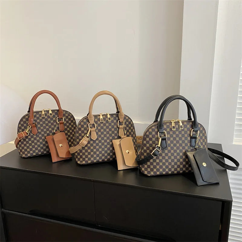 Luxury Shell Handbag for Women – Plaid Shoulder & Crossbody Bag with Mini Purse