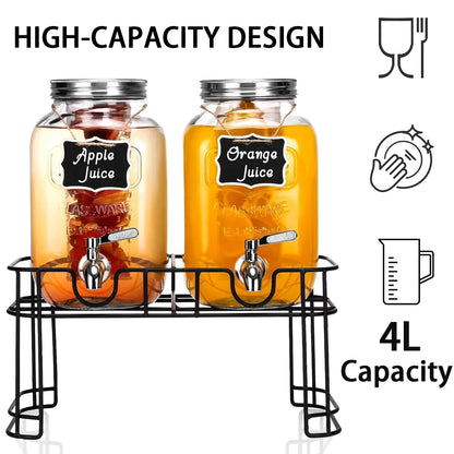 Drink Dispenser 2 Packs 1 Gallon Glass with Stand and 304 Stainless Steel Faucet Party Iced Tea Lemonade Juice Water Dispenser