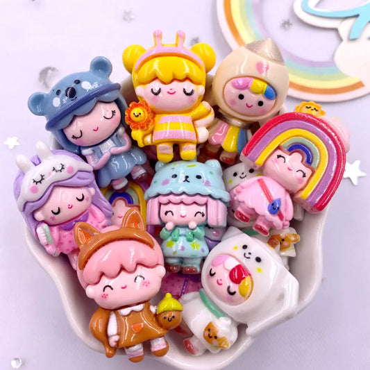 8PCS Colorful Resin Flatback Set – Rabbit, Bee, Bear & Girl Figurines for DIY Crafts & Bow Decor