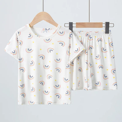 2 Pcs Children's Fun Printing Multicolor  Short Sleeve Shirt & Shorts Set