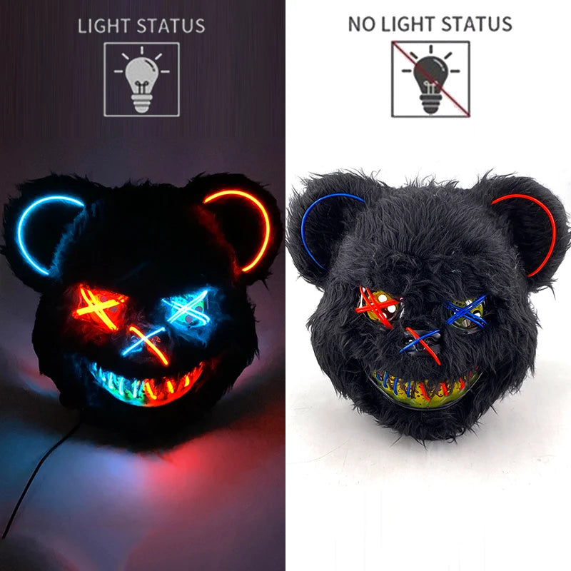 LED Glowing Cosplay Bloody Rabbit Mask Halloween Scary Killer Bloody Bunny Bear Headgear Carnival Masquerade Horror Costume Prop