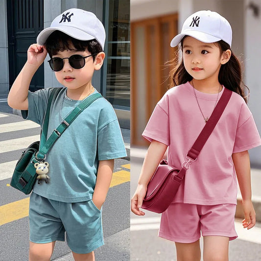 Kids Sporty O-Neck Cotton Short Sleeve Shorts Two-Piece Set