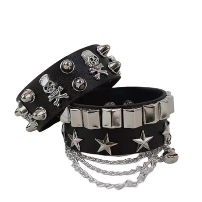 2 Pieces of Fashionable Multi-Layered Leather Wide Bracelets, Personalized Domineering Skull Rivets, Punk Hip-Hop Bracelets and Jewelry