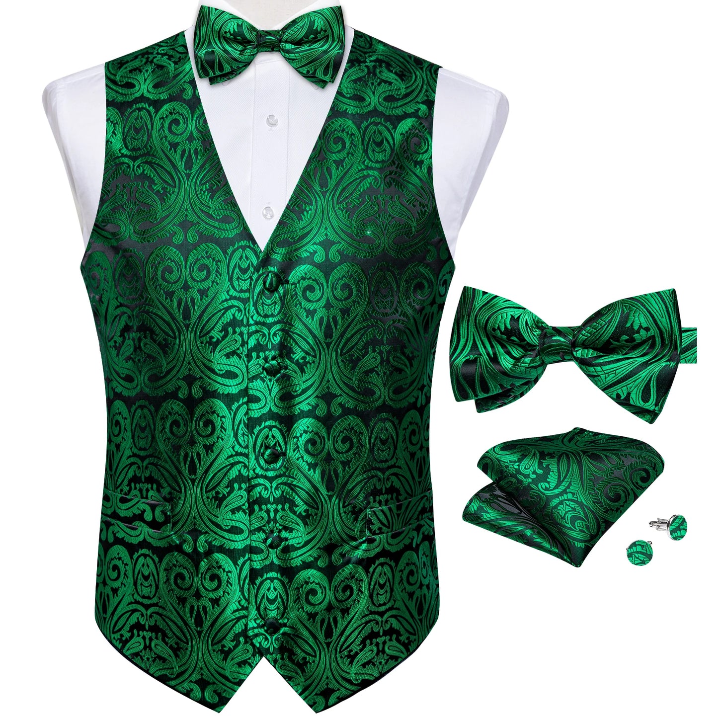 Suit Vest With Bow Tie Pocket Square Cufflinks Tuxedo Waistcoat for Men