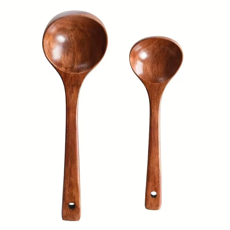 1pc Non-Stick Wooden Cooking Spoon, Daily Solid Anti-scalding Soup Ladle For Kitchen