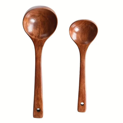 1pc Non-Stick Wooden Cooking Spoon, Daily Solid Anti-scalding Soup Ladle For Kitchen