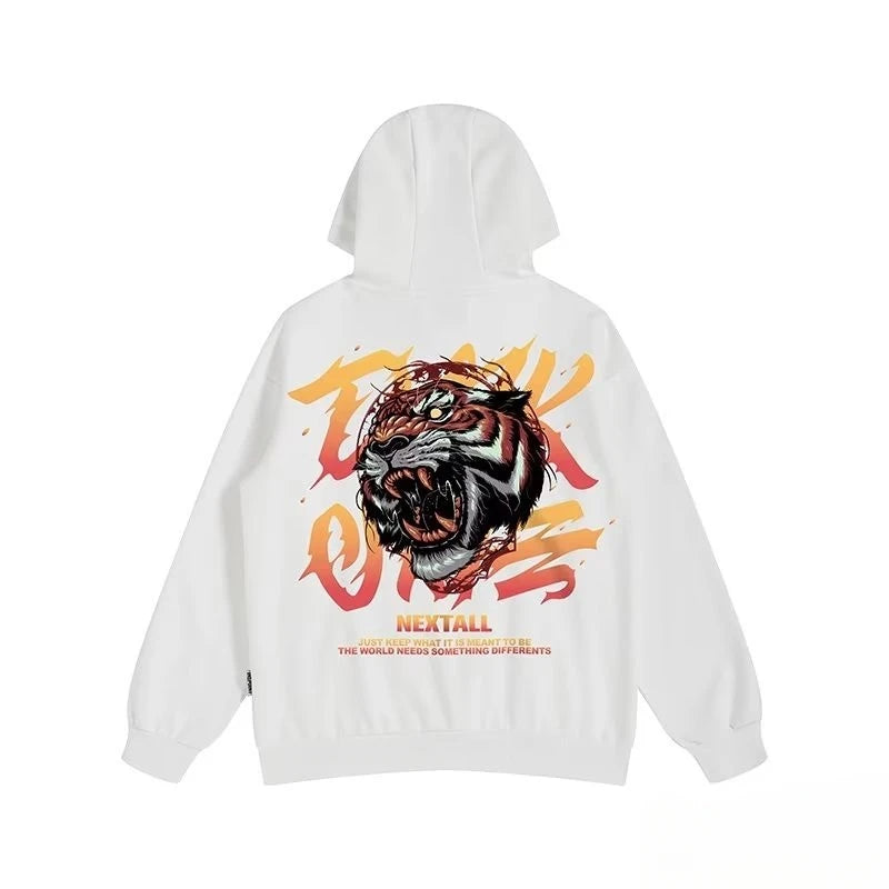 Mens Oversized Hoodie Loose retro fierce tiger Print