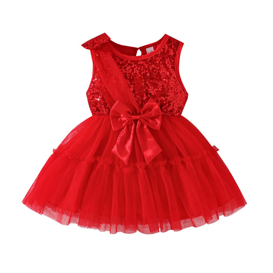 Toddler Girls Princess Dress Sleeveless Crew Neck Bow Decor Sequin Fancy Sparkly Tulle Dress